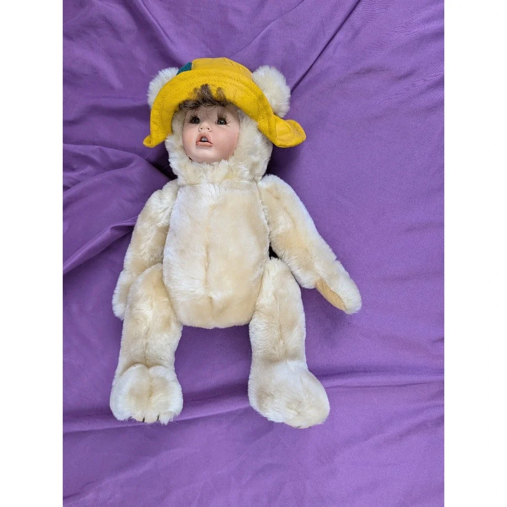 VTG 90s Plush Porcelain Human Faced Teddy Bear Hair Eyelashes Brass Button Hat